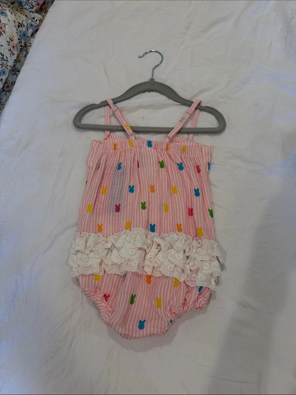 Ruffle Butts Pink Striped Romper with Multicolor Bunny Motif